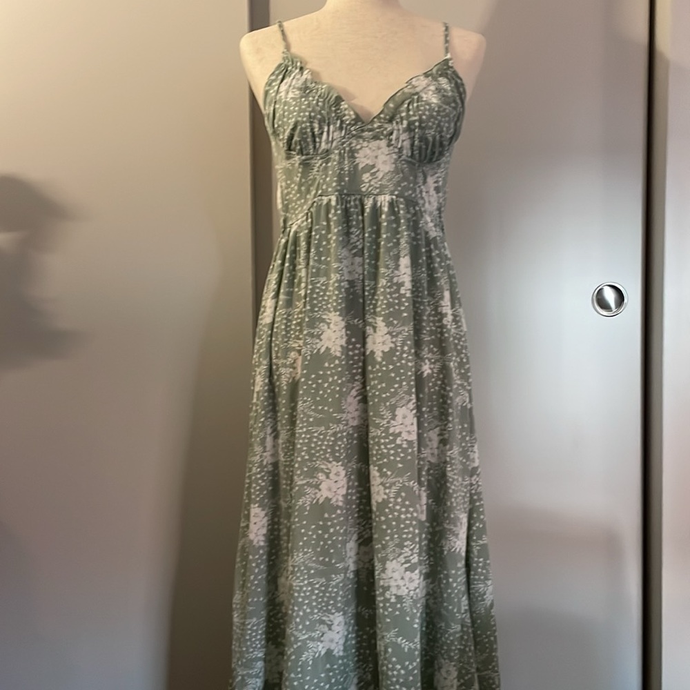 Green and white floral maxi dress